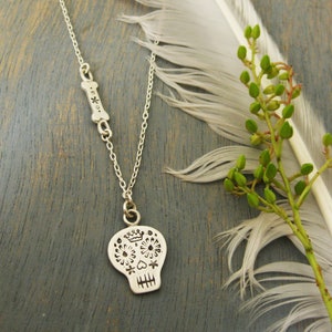 Day of The Dead Sugar Skull Necklace, Silver Sugar Skull Charm, Sugar Skull and Bone Necklace
