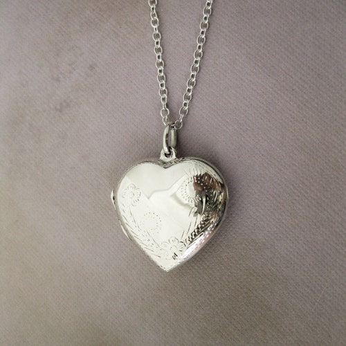 Large Engraved Heart Locket in Sterling Silver, Vintage Look Hinged Engraved Locket, Photo Locket, Keepsake Heart shops Locket, Memorial Locket
