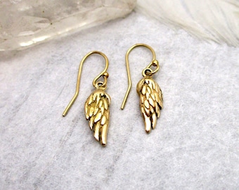 Feathered Angel Wing Earrings in Solid 14 Karat Yellow Gold, Guidance and Protection