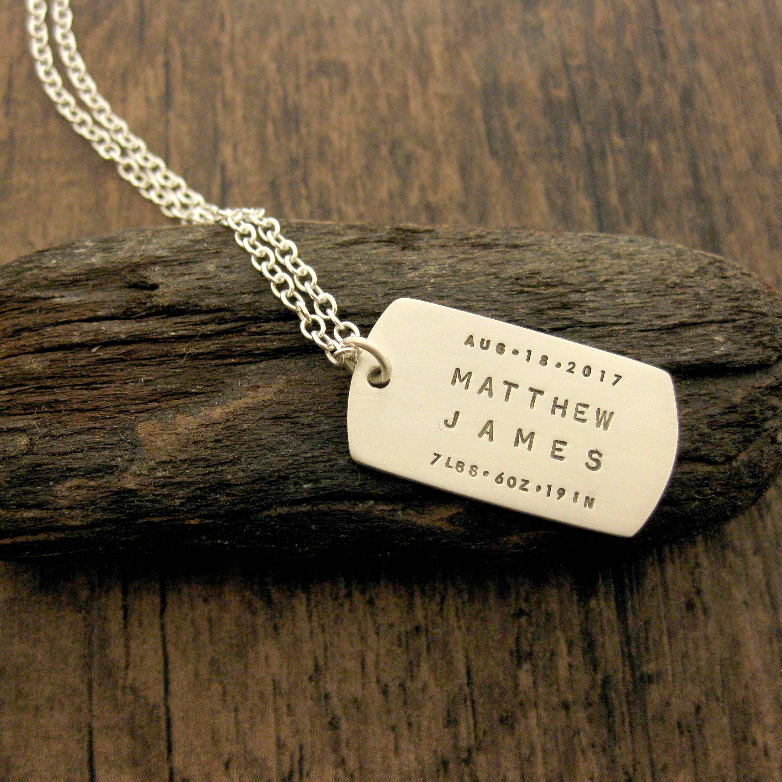 Dog Tag Birth Announcement Personalized Silver Necklace, Men's Jewelry, Dad's Necklace, Father's Day, Gifts for Dad, Men's Dog Tag Pendant