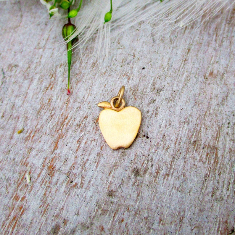 May include: A gold-colored apple charm with a leaf detail. The charm is on a wooden surface.