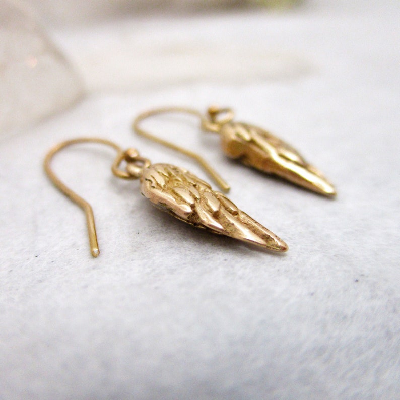 Feathered Angel Wing Earrings in Solid 14 Karat Yellow Gold, Guidance and Protection