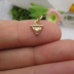 Puede incluir: Un peque&ntilde;o dije dorado con un coraz&oacute;n en el centro y una parte superior en forma de corona. El dije tiene forma triangular y tiene un lazo en la parte superior para sujetarlo a un collar o pulsera. El dije se sostiene entre dos dedos.