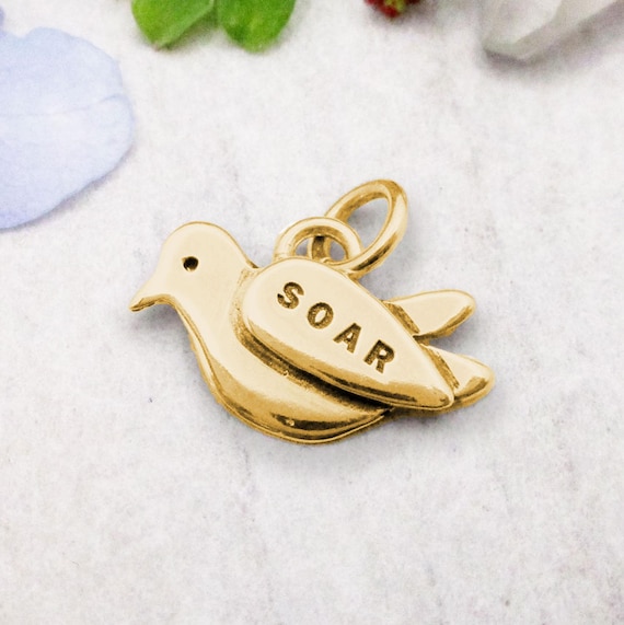 Personalized Solid Gold Dove Charm Pendant, Memorial Jewelry, Shiny or Matte Finish