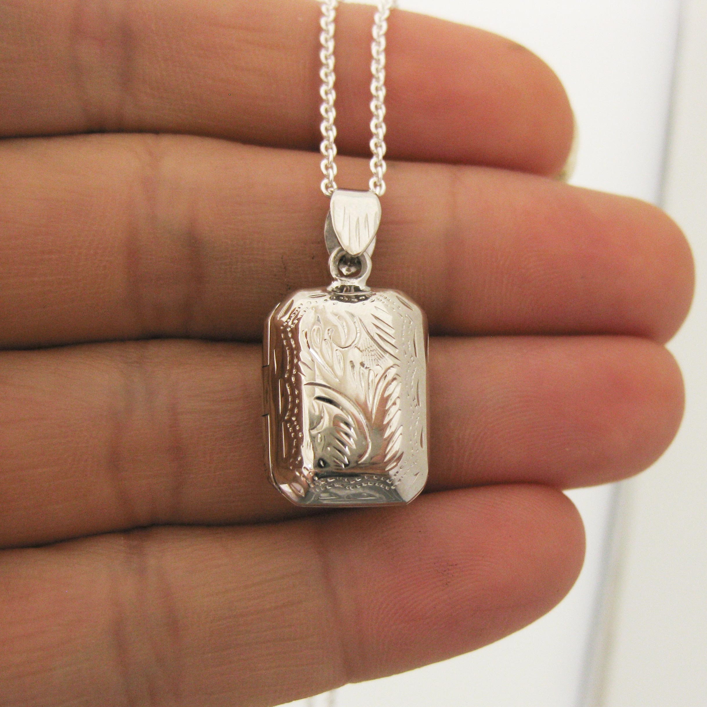Engraved Small Rectangle Locket in Sterling Silver Vintage | Etsy