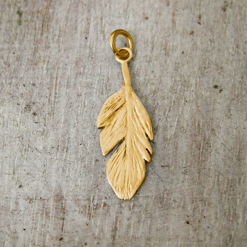 May include: A gold-colored feather charm pendant with a loop at the top for attaching to a necklace or bracelet.