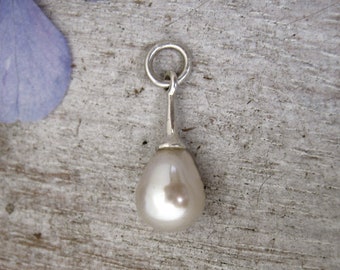 Silver Freshwater Teardrop Pearl Charm, Silver Pearl Charm, White to Off-White Pearl Charm, Freshwater Pearl Pendant