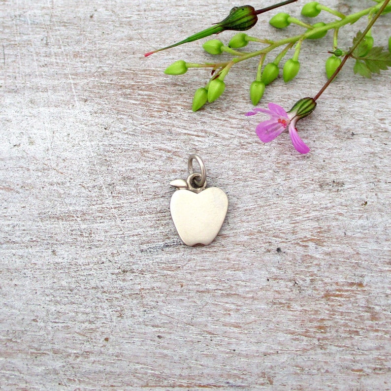 May include: A silver charm in the shape of an apple with a leaf. The charm is on a white wooden surface.