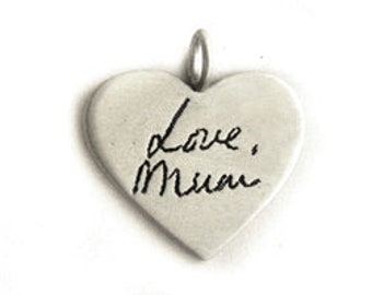 Your Handwriting on a Silver Large Heart Charm, personalized memorial handwriting heart pendant