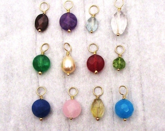 Genuine Birthstone Gem Bead Charm in Solid Gold or Sterling Silver