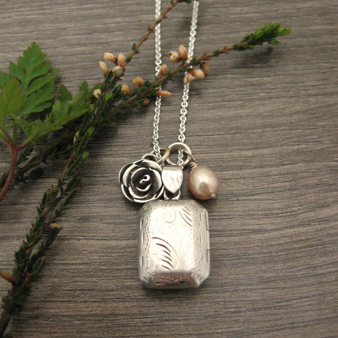 Engraved Small Rectangle Locket in Sterling Silver, Vintage Look Hinged ...