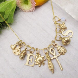 Puede incluir: Un collar dorado con varios colgantes, incluyendo un coraz&oacute;n, un cerdo, un cacahuete, la letra "E", un sol, una vaina de guisantes, un anj, una mariquita, la letra "S" y un peque&ntilde;o dije redondo. El collar se muestra sobre una superficie clara.