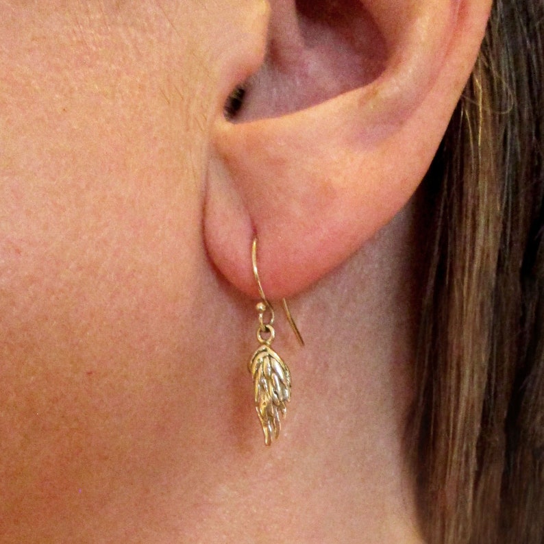 Feathered Angel Wing Earrings in Solid 14 Karat Yellow Gold, Guidance and Protection