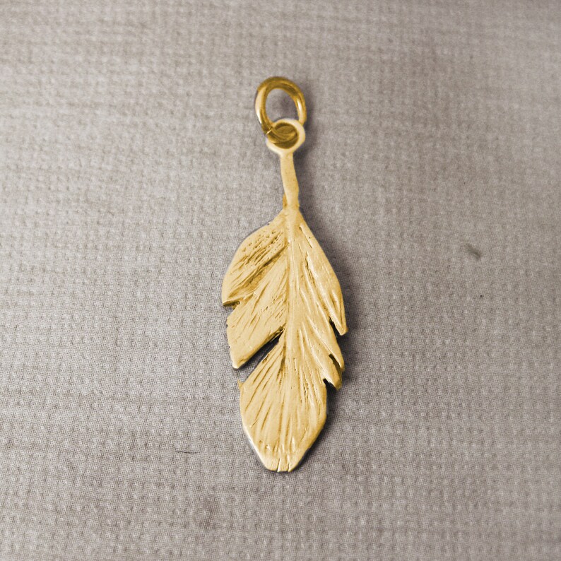 May include: A gold-colored feather charm pendant with a loop at the top for attaching to a necklace or bracelet.