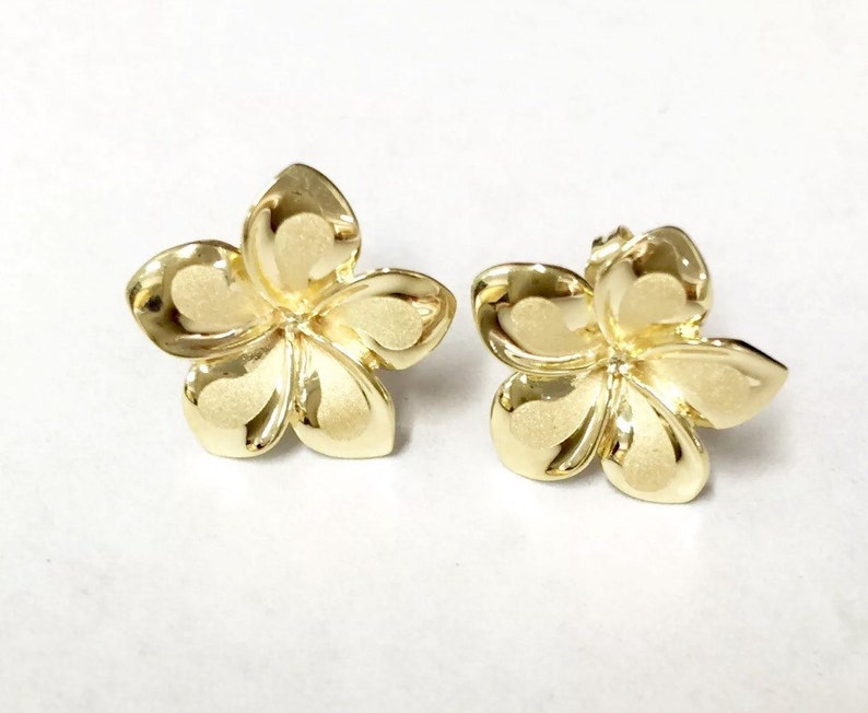 14k Solid Gold Plumeria Flower Stud Earrings 18mm Etsy