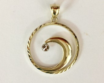 Pendentif 14k Gold Ocean Wave Hawaiian Beach Circle Diamond cut