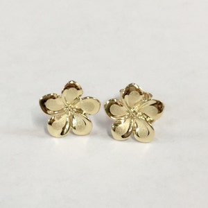 14k Solid Gold Plumeria Flower Stud Earring.