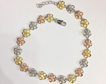 Silver Plated Hawaiin Gold Plating 3-Tri-color Plumeria Flower cz Anklet