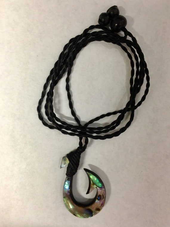 Adjustable Reversible Black Jade & Abalone Fish Hook Men's Braided Necklace  
