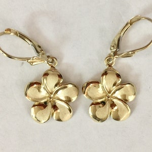 14k solid yellow gold plumeria flower dangling leverback earrings, 10mm