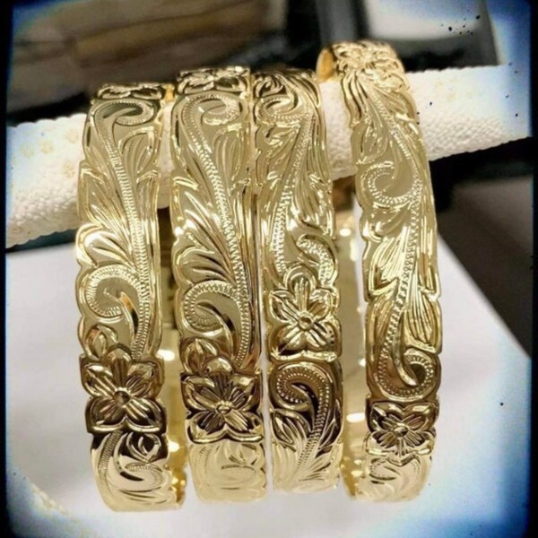 Gold plated Hawaiian Plumeria Flower Scroll Bangle Bracelet 12mm