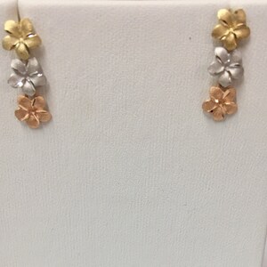 14k solid tricolor gold plumeria flower dangling earrings.