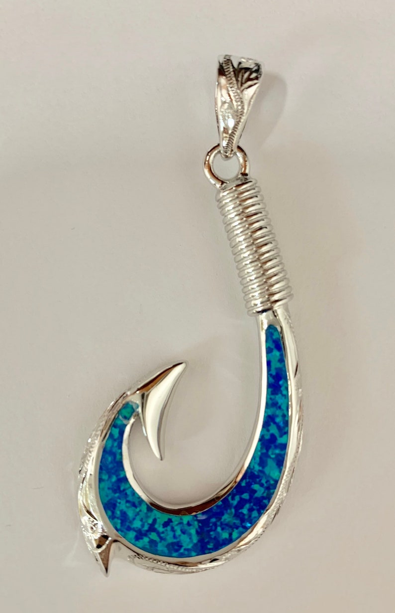 Sterling silver 925 large opal fish hook Hawaiian pendant
