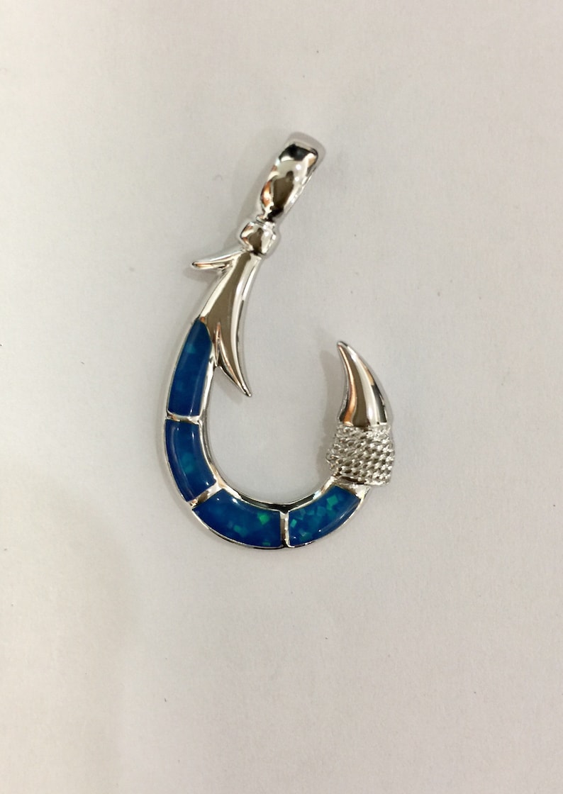 Sterling silver 925 large opal fish hook Hawaiian pendant