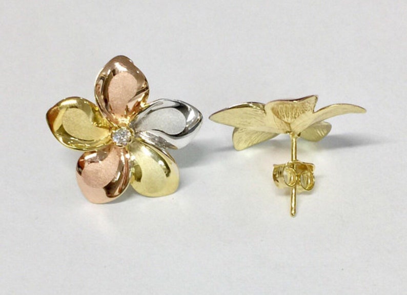 14k Tricolor Gold Plumeria Flower Jewelry Set Earringschain & Etsy