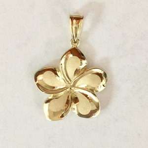 14k solid yellow gold plumeria flower hawaii diamond cut pendant