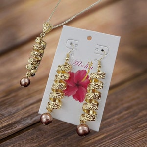 gold plated plumeria twisted set dangling shell brown pearl earrings & necklace