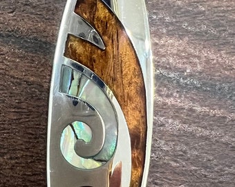 Sterling silver 925 2 Sided koa wood abalone surf board  Hawaiu pendant