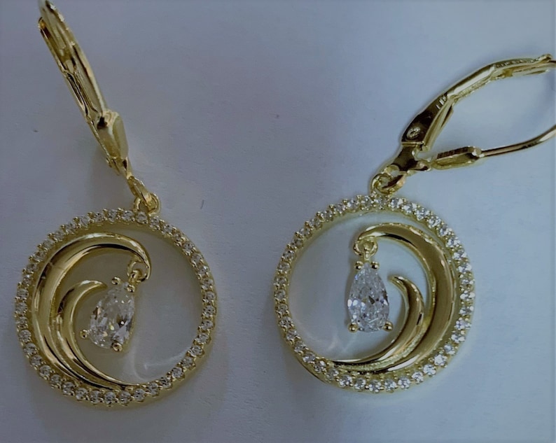 Sterling silver 925 gold plated lever back Wave earring with Cz