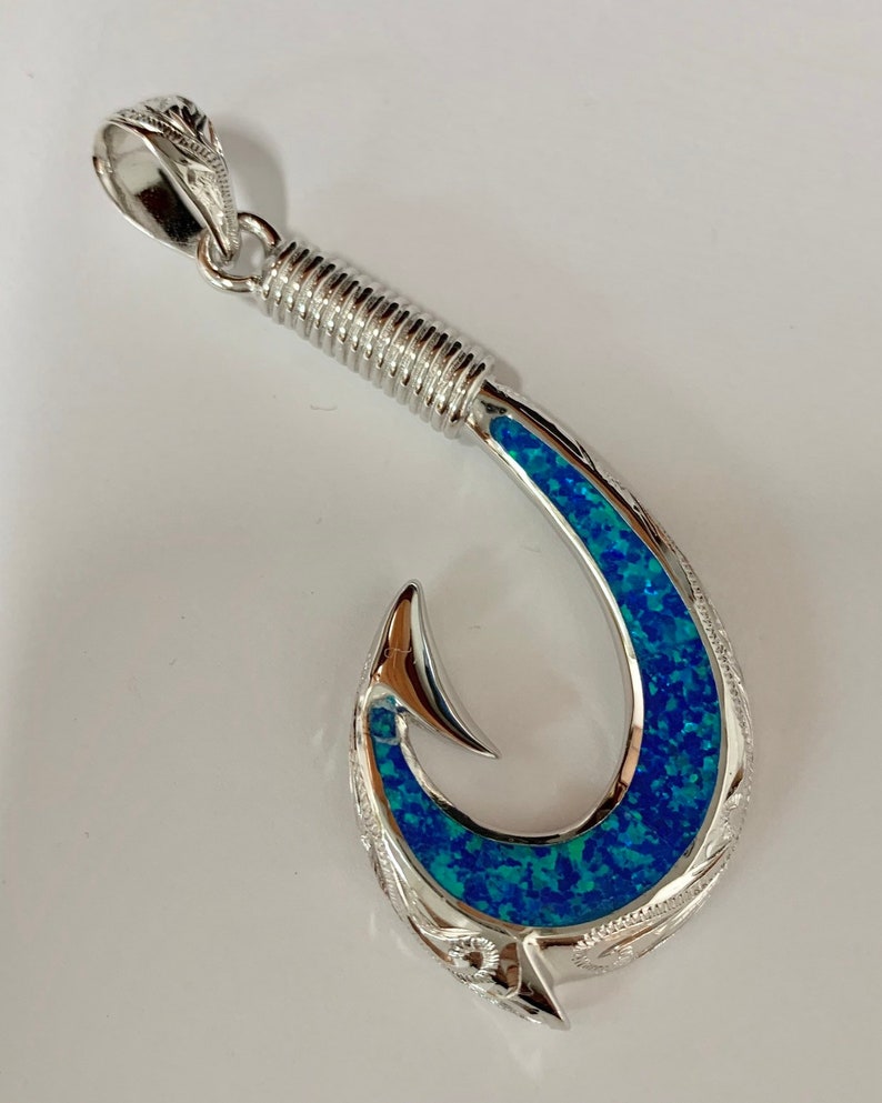 Sterling silver 925 large opal fish hook Hawaiian pendant