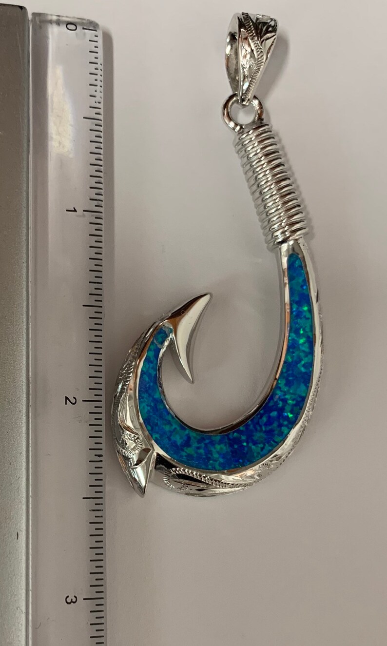 Sterling silver 925 large opal fish hook Hawaiian pendant