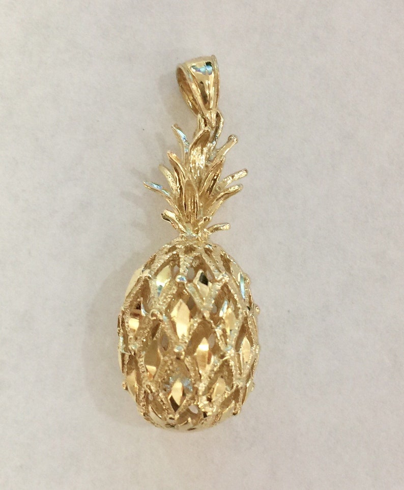 STERLING SILVER 925 2 TONE YELLOW GOLD LARGE 3D HAWAIIAN PINEAPPLE PENDANT