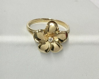 14k Solid Gold Plumeria Flower Diamond Cut Hawaiian Ring