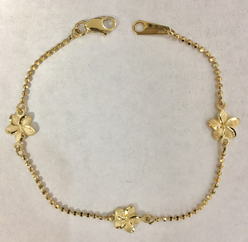 14K Gold Plumeria Hawaiian Bead Diamond Cut Bracelet Etsy
