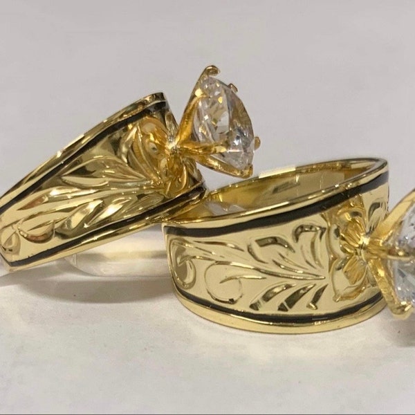 Gold plated black border plumeria band wedding  Ring 12mm CZ Hawaii Ring, sz 6-13