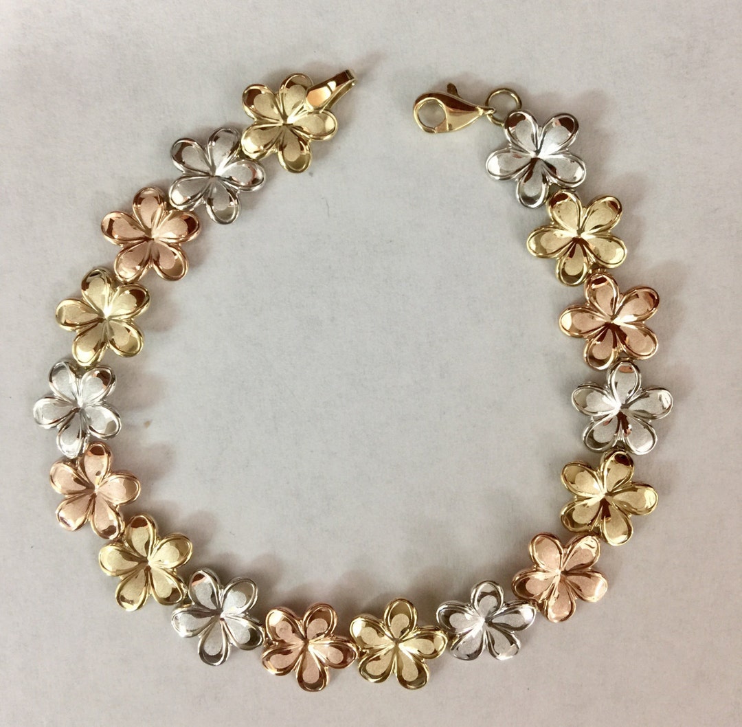 14K Solid Gold Tricolor Plumeria Flower Hawaiian Bracelet 7 Etsy