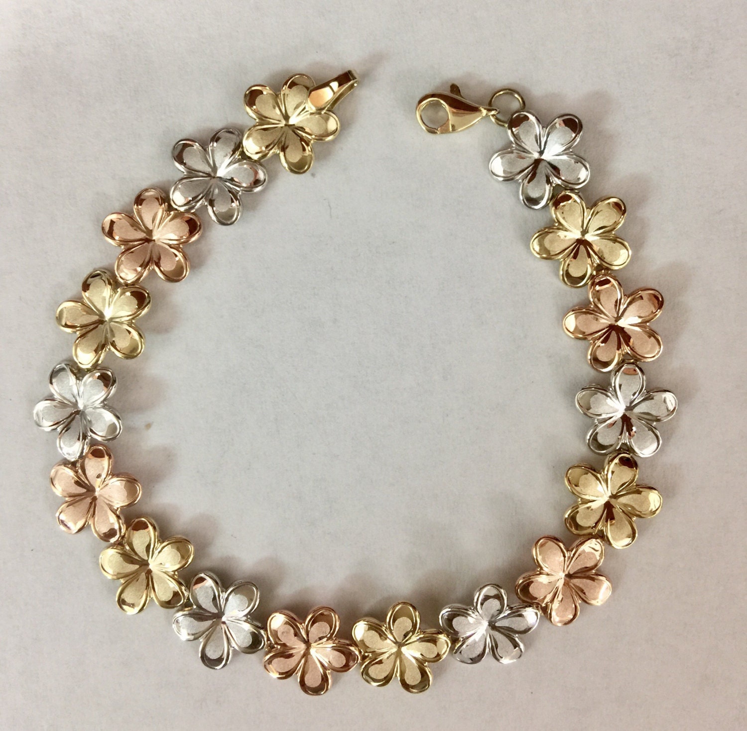 14K Solid Gold Tricolor Plumeria Flower Hawaiian Bracelet 7 Etsy
