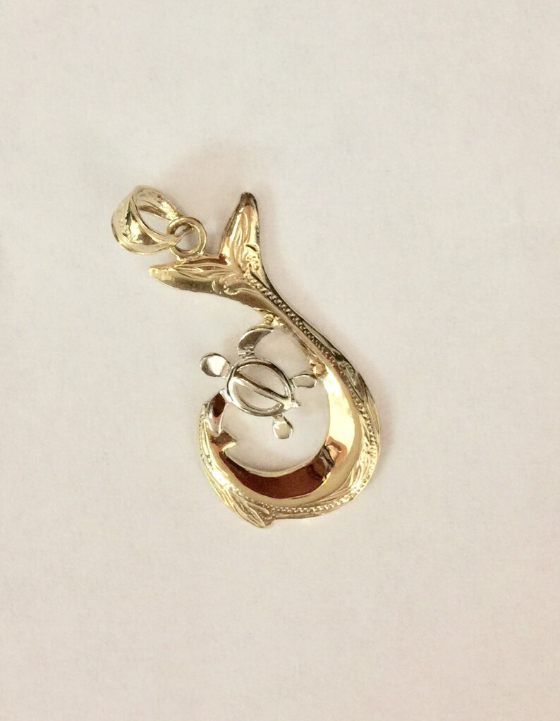 14K GOLD 2tone Turtle Honu Fish Hook Hawaiian Scroll Pendant Etsy