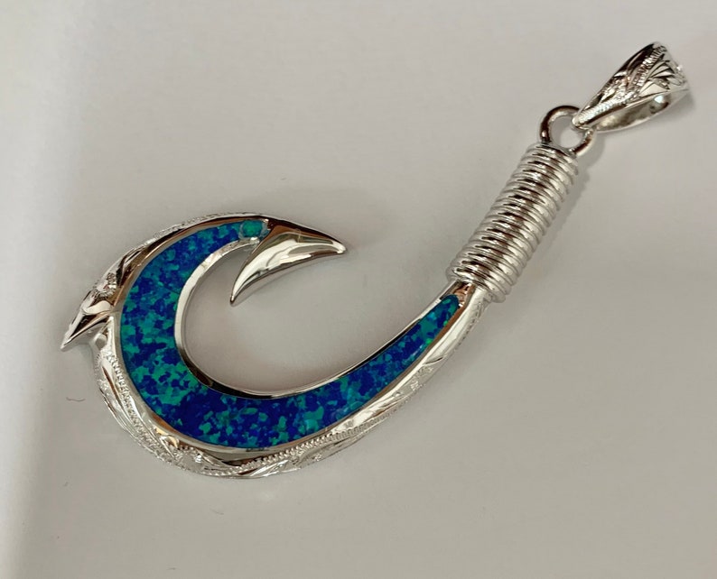 Sterling silver 925 large opal fish hook Hawaiian pendant