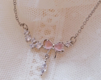 Pink Bow Necklace • CZ Dainty Necklace • Stainless Steel Chain Necklace • Coquette Jewelry • Cute Bridesmaid Gift for Her