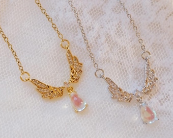 Angel Wing Opal Drop Necklace • Anime Inspired Magical Girl • Kawaii Lolita Coquette • Bridal Wedding • Gold/Silver Stainless Steel