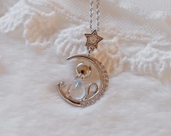 Moon Cat Necklace • Crescent Moon Pendant • Opal Kitty Charm • Celestial Star Necklace • Dainty Stainless Steel Chain • Witchy Gift
