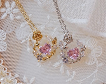 Pink Heart Rose Necklace • Rose Flower Heart Pendant • Romantic Coquette Kawaii Jewelry • Valentine Gift for Her • Stainless Steel Chain