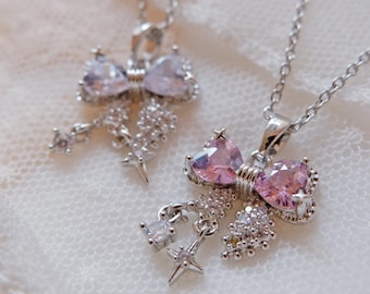 Kawaii Bow Necklace • Sparkly Ribbon Pendant • Pink Purple Bow Charm • Coquette Princesscore Jewelry • Gift for Her • Stainless Steel Chain