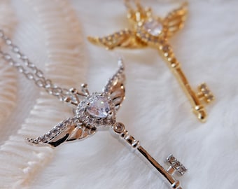 Winged Key Necklace • Heart Angel Wings Pendant • Crown Fairycore Coquette • Dainty Sparkle Necklace • Stainless Steel Chain • Gift for Her