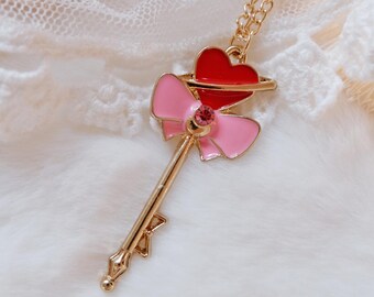 Sailor Moon Wand Necklace • Magical Girl Anime Jewelry • Otaku Cosplay Pendant • Pink Heart Key Charm • Cute Gift for Anime Fans